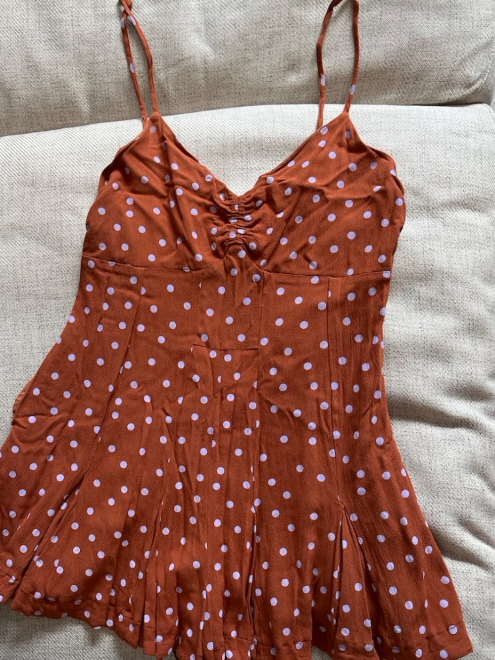 Cute summer romper, brown with lilac dots, spaghetti straps, size L